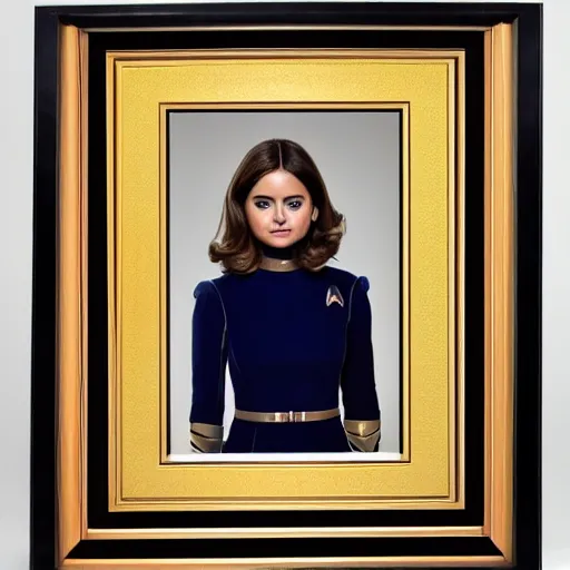 Image similar to a beautiful full body photograph of younger jenna coleman as a star fleet officer from star trek next generation, full dress uniform, symmetrical face, extreme realism and detail, 8 k, completely framed, direct lighting, 3 5 mm photo, photorealistic, sharp focus