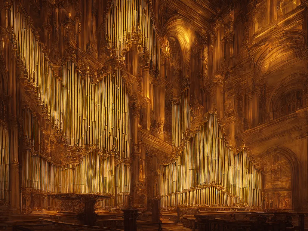 Image similar to hyper realistic photo of a million pipe organ interior volumetric lights designed by alan lee and caravaggio