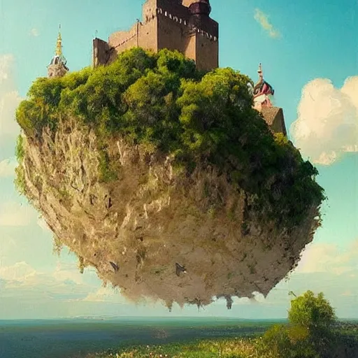 Image similar to greg rutkowski painting of an island floating in the air above a barren wasteland, on the island there is a cracow wawel castle and a lot of green vegetation, beautiful, detailed