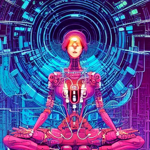 Image similar to a portrait of a beautiful cybernetic woman meditating, wires, cyberpunk concept art by josan gonzales and philippe druillet and dan mumford and enki bilal and jean claude meziere