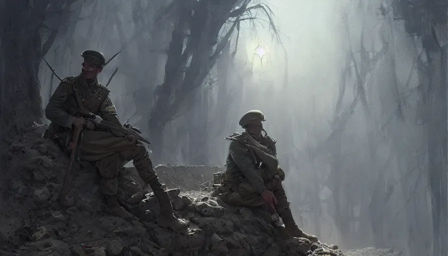 Image similar to beautiful painting of a soldier in a trench waiting for the war to end. cinematic lighting by gerald brom greg rutkowski,