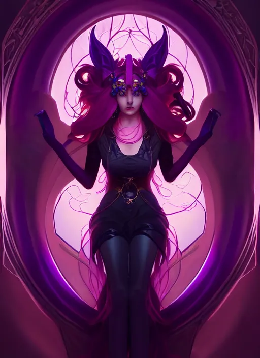 Image similar to symmetry!! portrait of beautiful female character coven ahri, league of legends art, dark atmosphere, purple fire, glowing lights!! intricate, elegant, highly detailed, digital painting, artstation, vector behance hd jartgerm and greg rutkowski and alphonse mucha, hd, 3 2 k