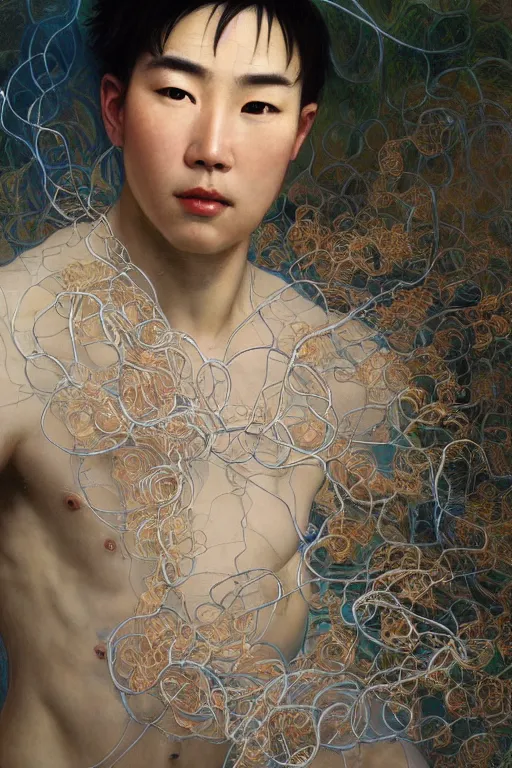 Image similar to hyperrealist portrait of an attractive angelic asian man, it is decorated with long wires that fall like vines and wears small computers over their body. by jeremy mann and alphonse mucha, fantasy art, photo realistic, dynamic lighting, artstation, poster, volumetric lighting, very detailed faces, 4 k, award winning