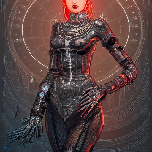 Image similar to the portrait of an absurdly graceful, sophisticated, fashionable ottomanpunk robotess idol, an ultrafine hyperdetailed illustration by kim jisu, intricate linework, neon wiring, porcelain skin, unreal engine 5 highly rendered, global illumination, radiant light, detailed and intricate environment, by rutkowski, artgerm, marvel comics