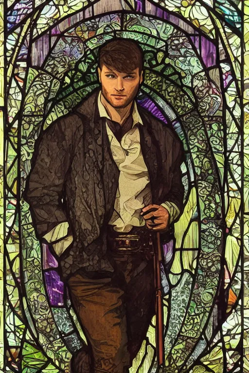 Prompt: a detailed stained glass window of jensen ackles in a supernatural sherlock holmes story, 1 8 th century london in the rain, city streets, ominous, masterpiece, 8 k, art by alphonse mucha and greg rutkowski