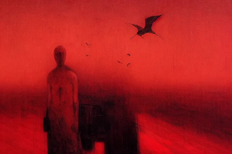 Image similar to only with red, a red dystopic knight, venice, flock of birds in the red sky, in the style of beksinski, parts by edward hopper, parts by rodcenko, parts by yue minjun, intricate and epic composition, red by caravaggio, insanely quality, highly detailed, masterpiece, red light, artstation, 4 k