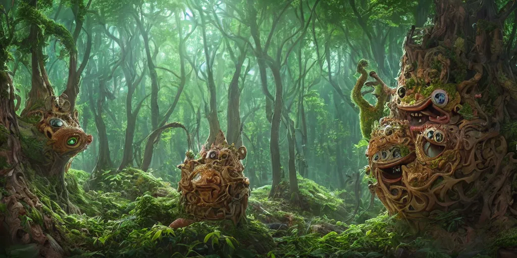 Image similar to of an intricate forest with strange cute friendly happy creatures with huge eyes, mouth, long tongue, round teeth and goofy face, appearing from the background, in the style of gehry and gaudi, macro lens, shallow depth of field, ultra detailed, digital painting, trending artstation, concept art, illustration, cinematic lighting, photorealism, epic, octane render