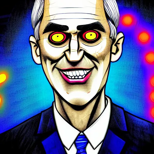 Prompt: bright demonic glowing eyes, digital illustration of secretary of denis mcdonough face, cover art of graphic novel, evil laugh, neon colors, menacing, Machiavellian puppetmaster, villain, clean lines, clean ink
