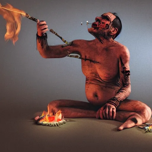 Image similar to a photorealistic of a terrible horrific shaman in a ritual of fire and incense, a strong pain appears in the belly and goes into a trance