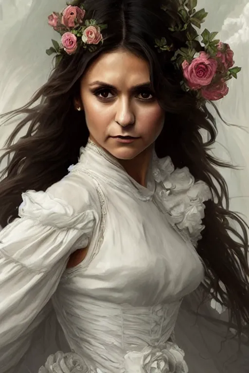 Image similar to Nina Dobrev dressed in a vaporous wrapped large victorian white roses cotton dress fashion, D&D, fantasy, intricate, elegant, highly detailed, digital painting, artstation, concept art, matte, sharp focus, illustration, art by Artgerm and Greg Rutkowski and Alphonse Mucha