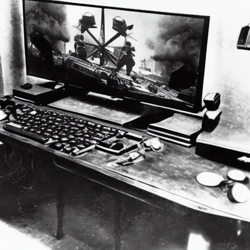 Image similar to ww 2 photograph of a pc gaming setup