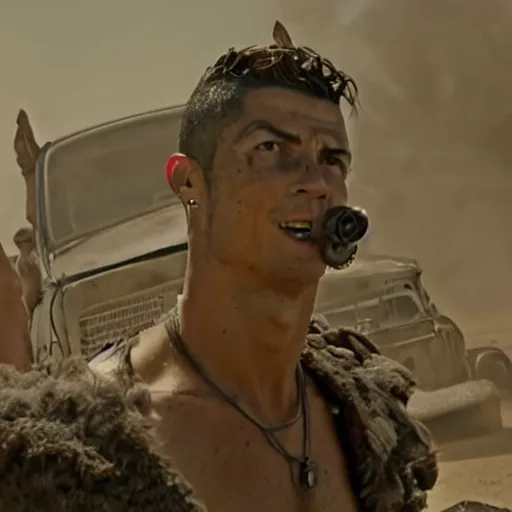 Prompt: cristiano ronaldo playing the drums in mad max fury road ( 2 0 1 5 ), movie still,