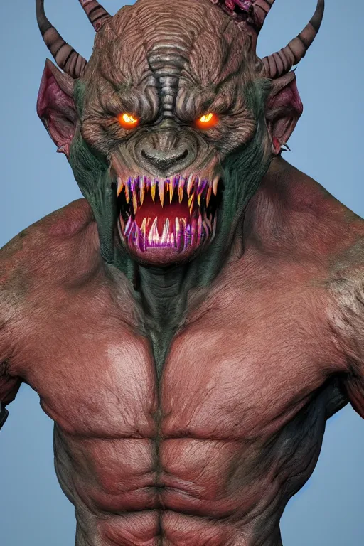 Image similar to full shot, humanoid orc demon alien wolf mash - up, photorealistic, 8 k uhd, unreal engine 5 rendered, portrait, extremly detailed, hyper realistic, extremely detailed, colorful by wayne barlowe