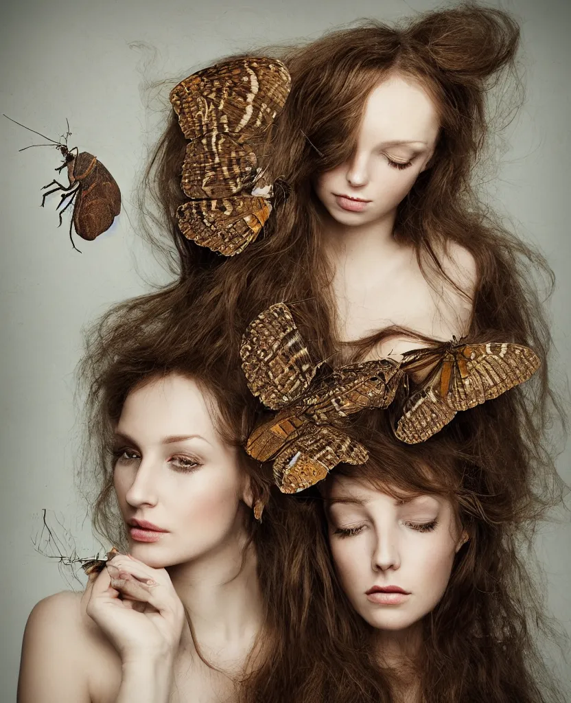 Prompt: head and shoulders portrait of a beautiful woman with a large moth sitting on her face, caterpillars and grubs crawl over her body, long flowing hair, by Nina Masic by Flora Borsi