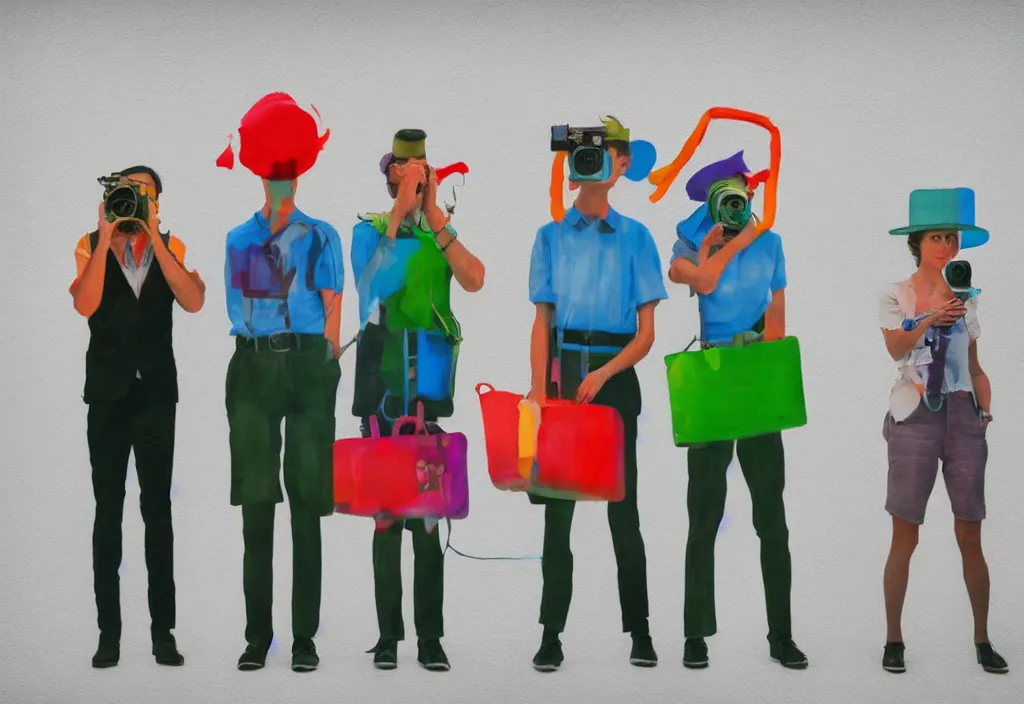 Image similar to full body portrait of a trio of european tourists with nikon cameras, character designs painting, in the style of wes anderson, rene magritte, lola dupre, david hockney, isolated on white background, dark monochrome neon spraypaint accents volumetric octane render