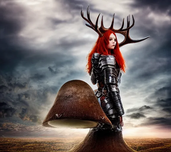 Image similar to a photo of an armored woman warrior redhead with antlers sitting on a giant mushroom that covers a whole village and reaches above the clouds by luis royo. intricate. lifelike. soft light. sony a 7 r iv 5 5 mm. cinematic post - processing