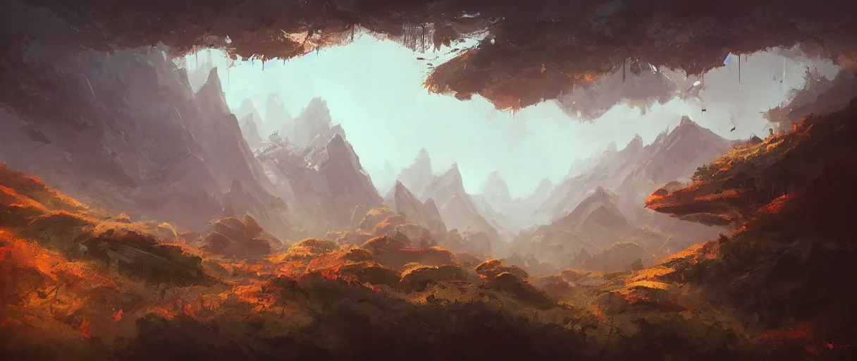 Prompt: floating islands over forest, mountains in background, concept art, low angle, cinematic, style of jordan grimmer