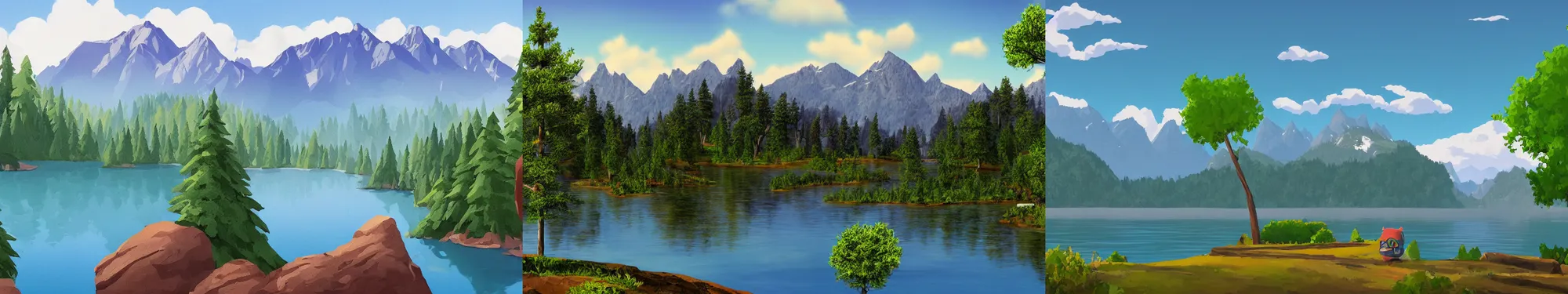 Prompt: mountains, trees, and lake, in the style of pixar