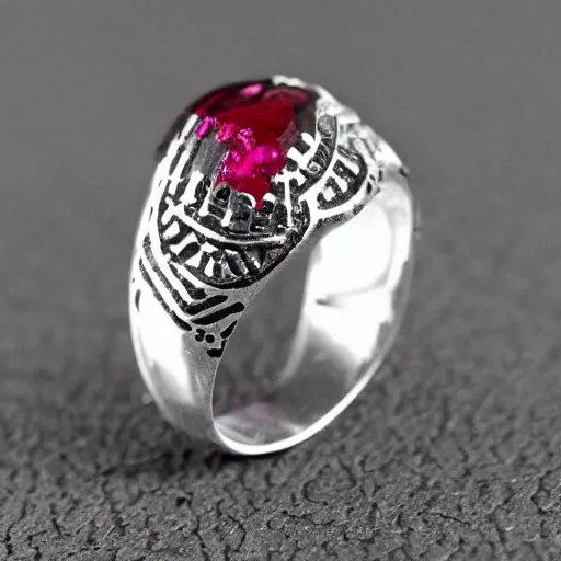 Prompt: skeletonized silver ring with rubies macro rendered intricate detail