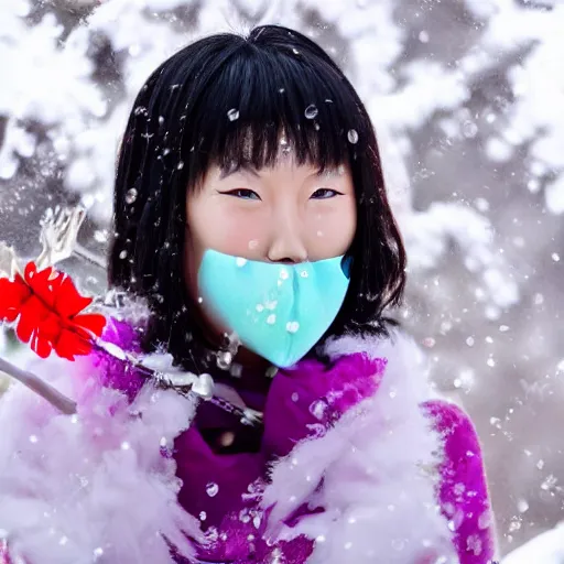 Prompt: Ganyu with flower covering her mouth blurred icicle background