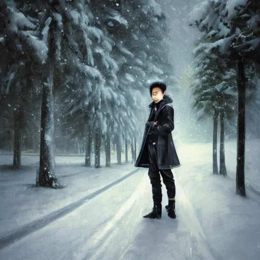 Image similar to beautiful snow - covered korean young man posing on road in park with pines, dressed in leather coat, half - length portrait, perfect symmetrical eyes, cinematic by peter mohrbacher, detailed, hyperrealism