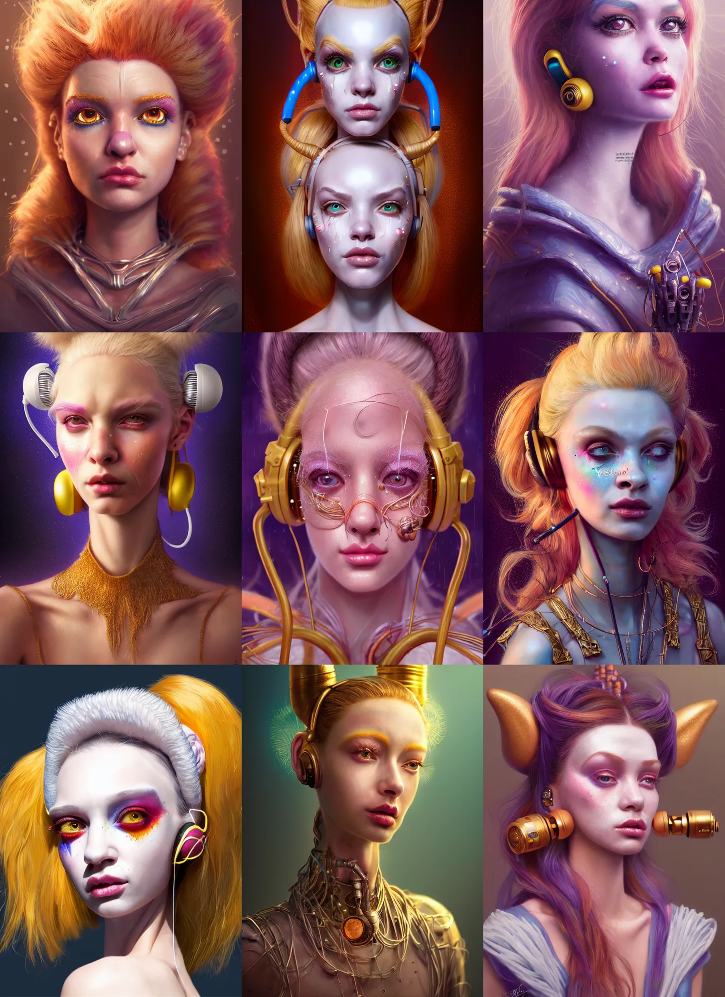 Prompt: disney weta portrait, soft lustrous biotech raver white clowncore simpsons cyborg, earbuds, golden ratio, sci - fi, fantasy, cyberpunk, intricate, decadent, highly detailed, digital painting, ever after high, octane render, artstation, concept art, smooth, sharp focus, illustration, art by artgerm, loish, wlop