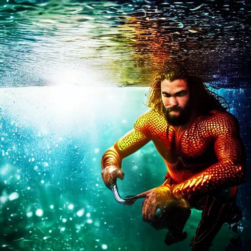 Prompt: aquaman breaking the surface of the water, underwater photography with light scattering and water refractions, smooth