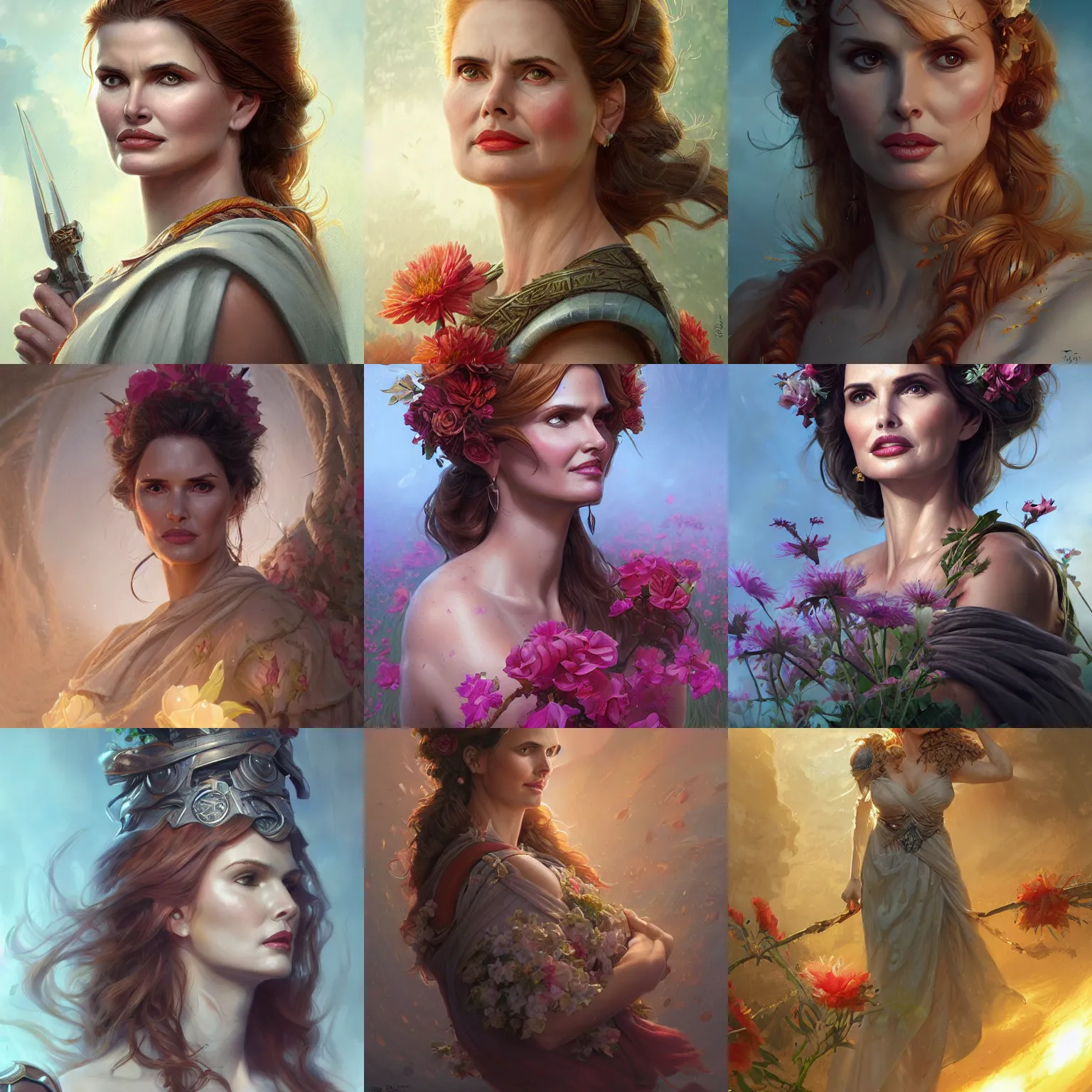 Prompt: demeter, geena davis, floral, summer, d & d, fantasy, portrait, highly detailed, digital painting, trending on artstation, concept art, sharp focus, illustration, art by artgerm and greg rutkowski and magali villeneuve