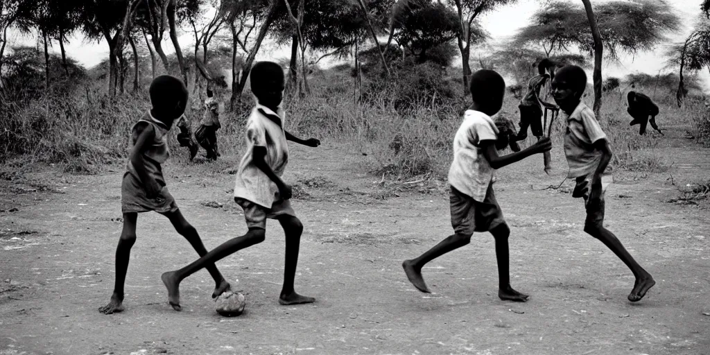 Image similar to kenyan village, black kids playing football, film photography, exposed b & w photography, christopher morris photography, bruce davidson photography, peter marlow photography