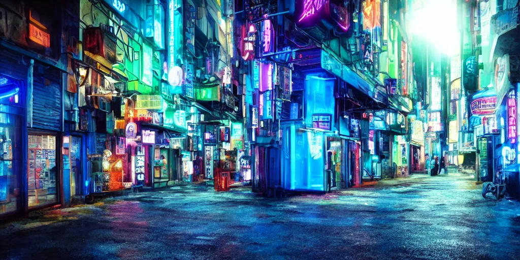 Prompt: outside black blue neon cyberpunk city on north atlantic island, soft lights