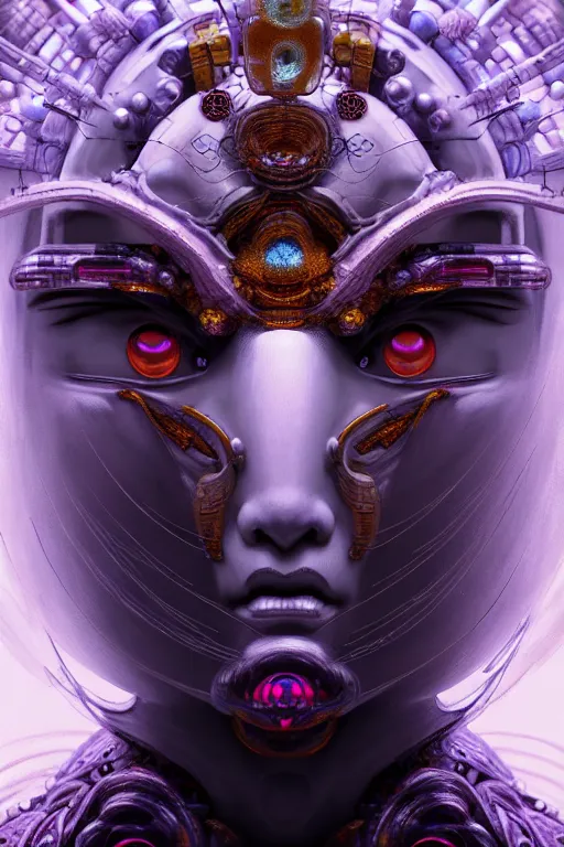 Image similar to asura from chinese myth, ghost, gorgeous and huge head ornaments, dystopian, cyberpunk, organic fractal mycelum and fungi, mecha, halfturn portrait of a big crystal face made of crystals half - turn, ominous, intricate, studio, art by anthony macbain + greg rutkowski + alphonse mucha, concept art, 4 k, sharp focus