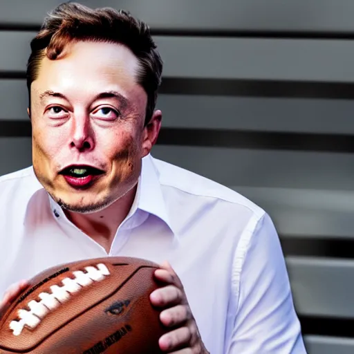 Image similar to elon musk taking a bite out of a football, highly detailed, extremely high quality, hd, 4 k, 8 k, canon 3 0 0 mm, professional photographer, 4 0 mp, lifelike, top - rated, award winning, realistic, detailed lighting, detailed shadows, sharp, no blur, edited, corrected, trending
