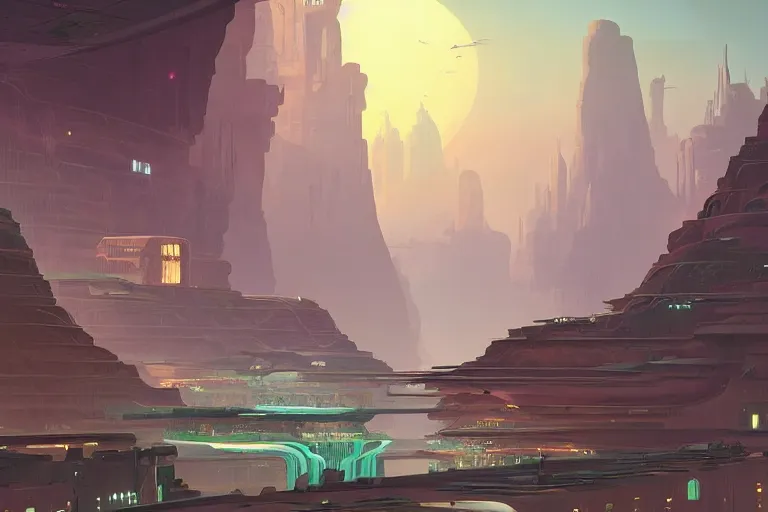 Image similar to a matte painting of a solarpunk city floating above a canyon by syd mead and peter mohrbacher and james gilleard in the style of hugh ferriss