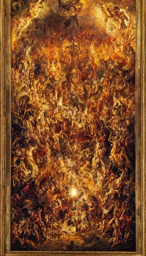 Image similar to 'Deamons Invade The Holy See' by István Sándorfi royally decorated, whirling smoke, embers, gold encrustations , gilt silk torn fabric, radiant colors, fantasy, perfect lighting, studio lit, micro details,