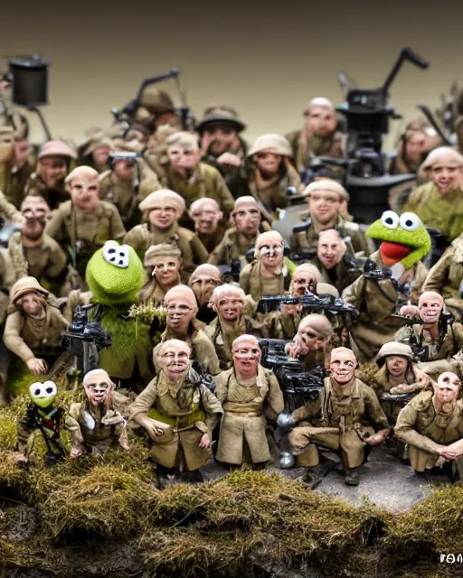 Prompt: high quality presentation photo of a detailed miniature diorama muppets in wwii, photography 4k, f1.8 anamorphic, bokeh, 4k, Canon, Nikon