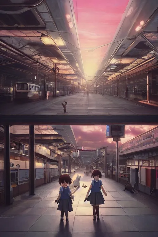 Prompt: Ultra realistic 3d illustration, two cute anime schoolgirls hugging cat on huge japanese elevated subway at dark sunset. fantasy, elegant, dramatic light, trending on artstation, smooth, sharp focus, illustration, art by hiro kiyohara and hayao miyazaki oil painting