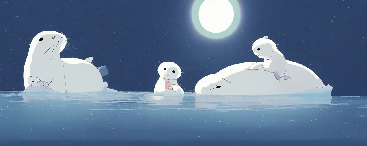 Image similar to a baby harp seal and mother on an ice flow, atey ghailan, goro fujita, studio ghibli, rim light, exquisite lighting, clear focus, very coherent,