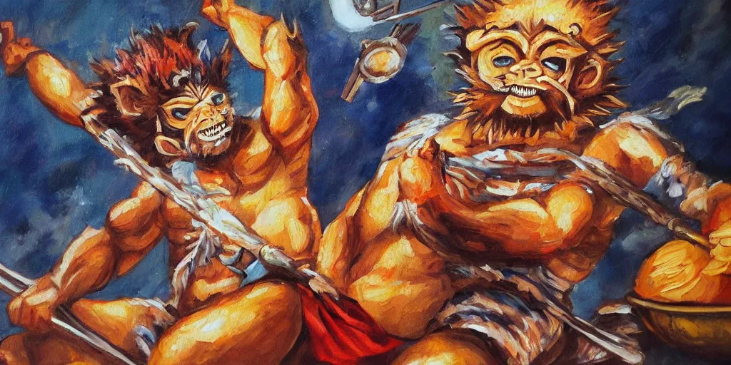 Prompt: Sun WuKong eating mexican food, oil painting