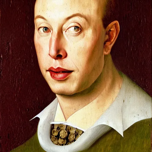 Image similar to portrait of elon musk, oil painting by jan van eyck, northern renaissance art, oil on canvas, wet - on - wet technique, realistic, expressive emotions, intricate textures, illusionistic detail