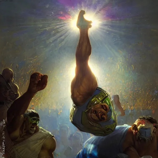 Image similar to the iron sheik breaking hulk hogan's back, radiant light, caustics, heroic, bright iridescent light, by gaston bussiere, bayard wu, greg rutkowski, maxim verehin, epic wrestling combat, legendary