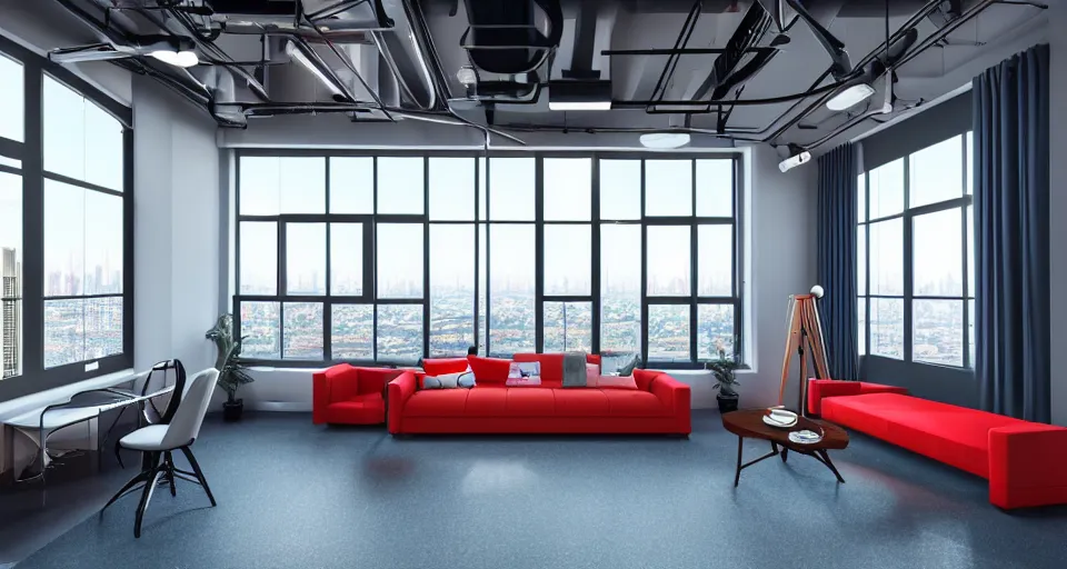 Prompt: stylized interior of a bright streamer studio with the latest equipment and tech with big windows overlooking the megapolis, trendy color aesthetic interior decoration, high detail, 8 k, photography focal length 2 0 mm ( voigtlander 2 0 mm f 3. 5 ), aperture f / 9, exposure time 1 / 4 0 sec
