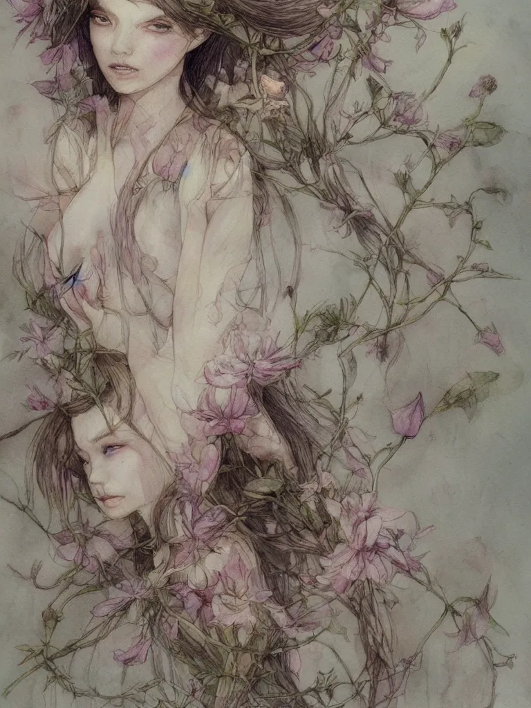 Image similar to study of a flower fairy, illustration, watercolor, alan lee, detailed, pretty, ethereal, realistic, artstation,