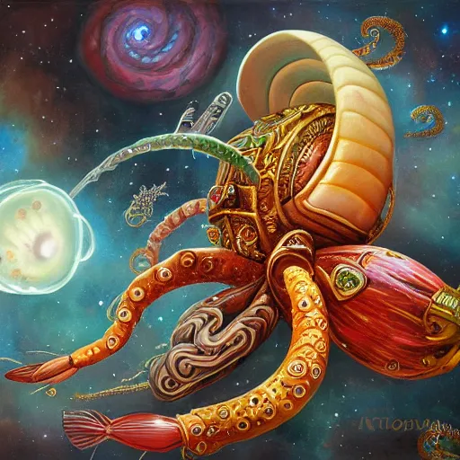 Prompt: painting of ornate space ship, nebulae background, nautilus, shell, tentacle, 4 0 k warhammer, shrimp, prawn