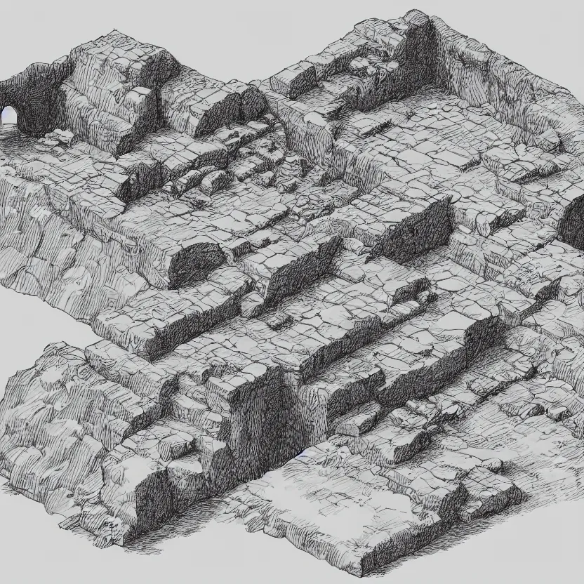 Image similar to isometric view of the outside of a cave, lineart