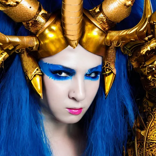 Prompt: close up headshot of a woman in elaborate blue and gold armor with spiked horns on her helmet, cosplay, photoshoot, photograph by Zhang Jingna