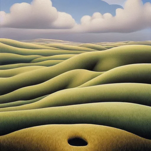 Prompt: a painting of the rolling hills in muted color, an ultrafine detailed painting by rafal olbinski, behance contest winner, pop surrealism, detailed painting, very detailed, minimalist, skeuomorphic, airbrush art