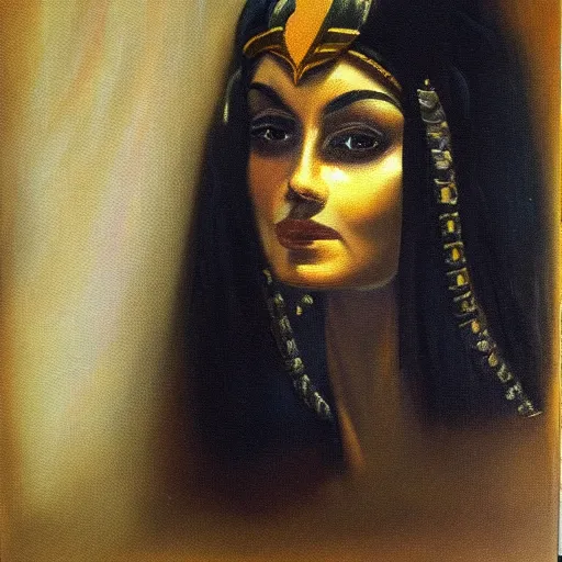 Prompt: oil painting portrait of a cleopatra tonalism dark background