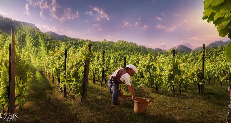 Image similar to A beautiful hyper realistic ultra detailed lifelike matte painting of traditional austrian vineyard worker, unreal engine, deviantart, flickr, artstation, octane render, textured, colorful, extreme realistic detail, physically based rendering, pbr render, very detailed, volumetric lighting, detailed lighting, octane render, 4k, cinematic lighting, 8k resolution