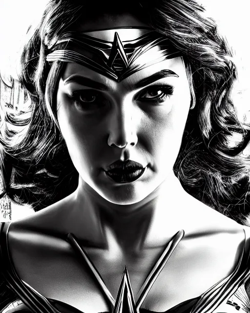 Image similar to tired angry wonderwoman portrait hd sharp monochrome cosmic horror photo with mix of gal Gadot and Linda Carter in giger sorayama style detailed trending on artstation Leica Zeiss depth of field