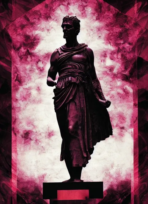 Image similar to elegant dark design poster showing a statue of julius caesar, black background with very subtle red and purple design elements, powerful, nekro, vito acconci, thin straight purple lines, dark, glitch art, neo vaporwave, gritty, layout frame, square, trending on artstation